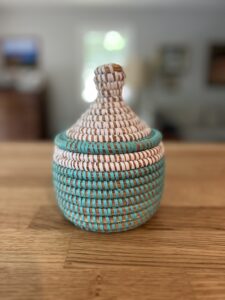 Small basket in seafoam and teal, with lid