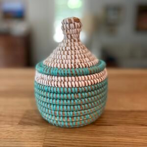 Small basket in seafoam and teal, with lid
